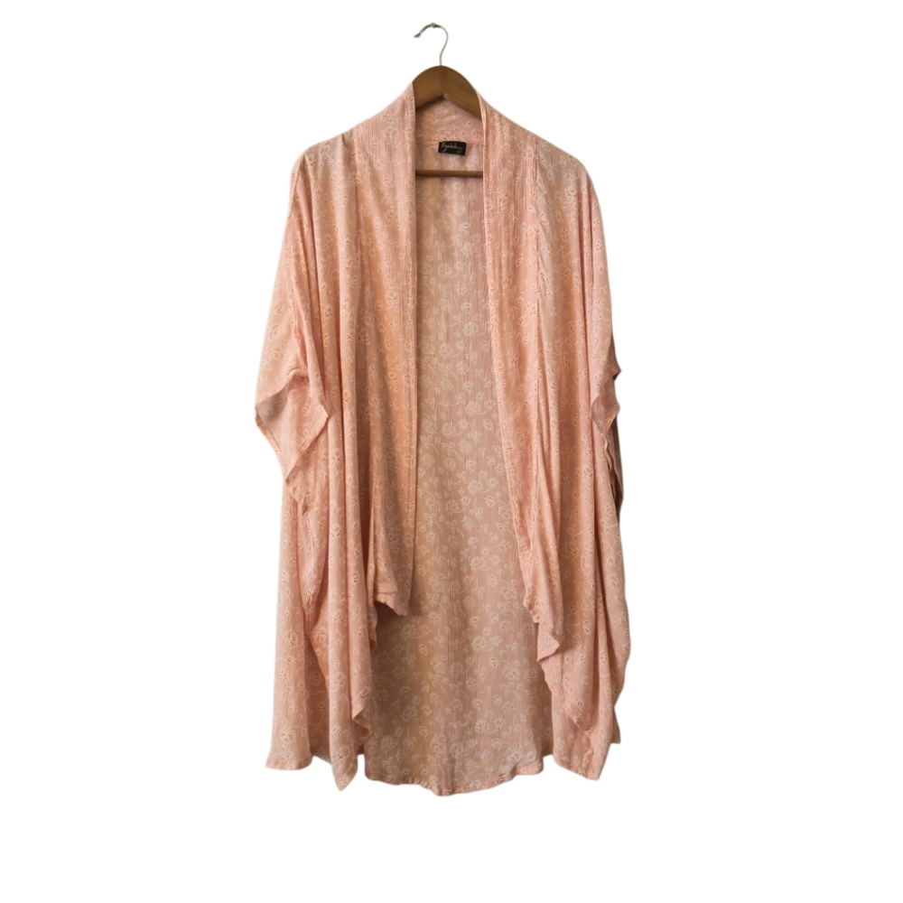 SYMBOLOGY Kimono One Size‎ Flowy Open Front Peach Ginko Leaf Floral Print Rayon